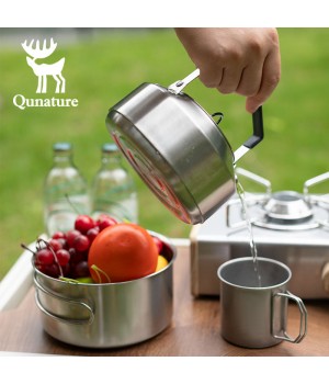 Qunature Portable Camp Cookware Set Teapot Picnic stainless steel Camping Set kettle soup Pot outdoor accessories