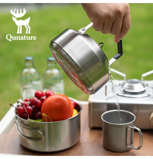 Qunature Portable Camp Cookware Set Teapot Picnic stainless steel Camping Set kettle soup Pot outdoor accessories