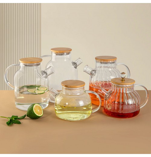 Set of 5pcs Glass Tea Sets High Borosilicate Heat Resistant Glass Teapot Glass Tea Kettle Pitcher with Wooden Cover Clear Teapot